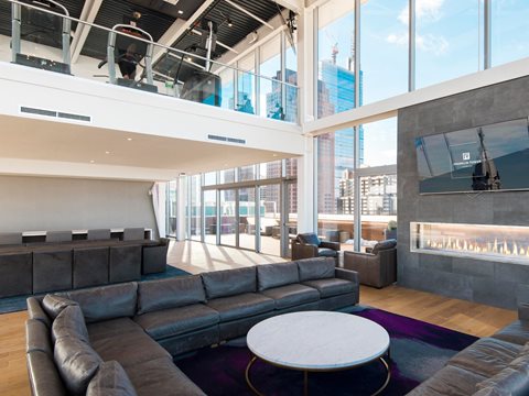 The Franklin Tower lounge with gas fireplace